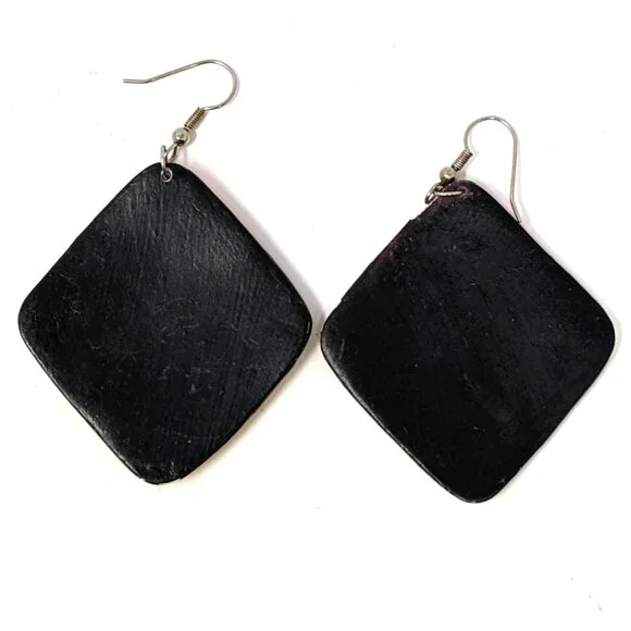 Artisan Painted Wood Dangle Earrings 80s Ethnic Tribal Mask 2" Vintage Festival - Picture 6 of 9